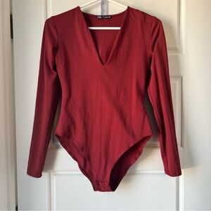 ZARA‎ Red Deep V-Neck Long Sleeve Bodysuit — Size M